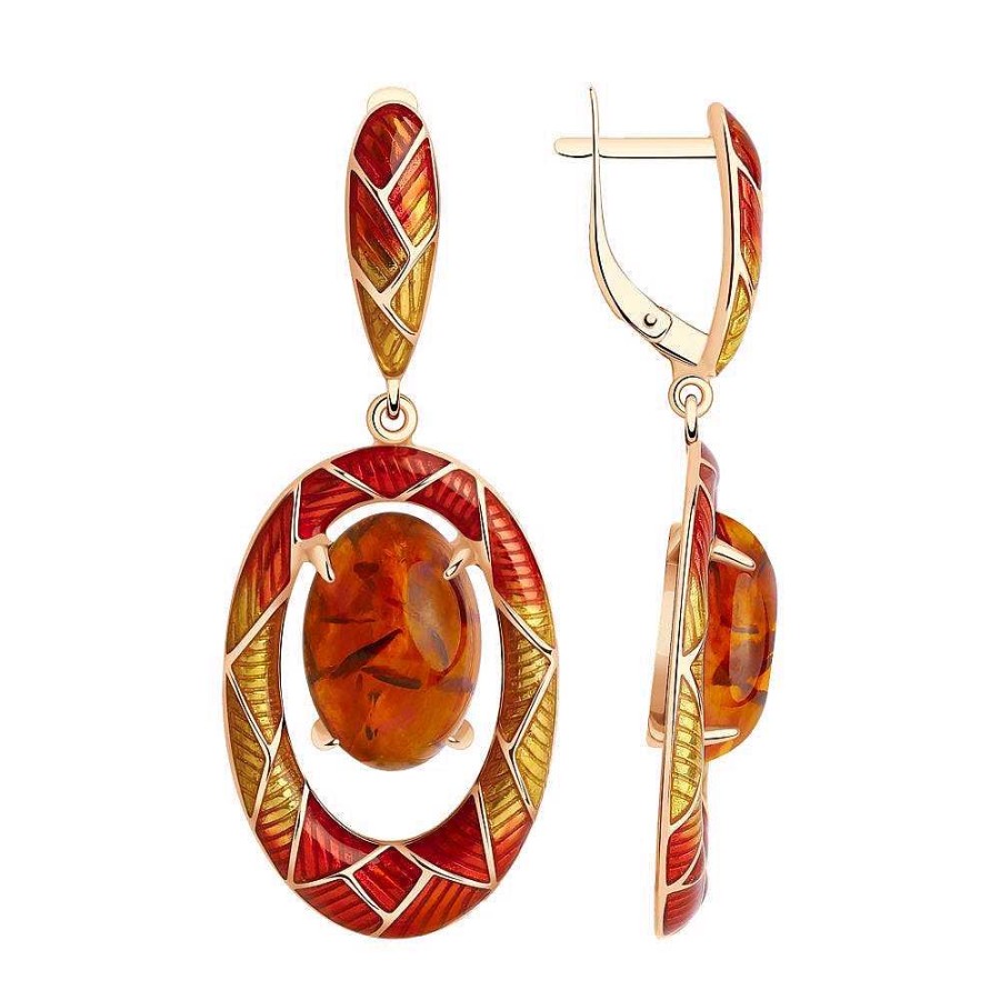 Ohrringe SOKOLOV Jewelry | Silber Ohrh Nger Vergoldet Mit Bernstein Und Emaille, Cognac