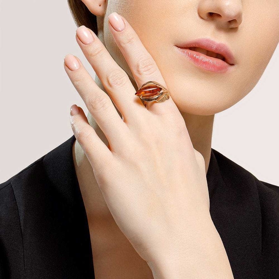 Ringe SOKOLOV Jewelry | Silber Ring Vergoldet Mit Bernstein Und Zirkonia, Cognac